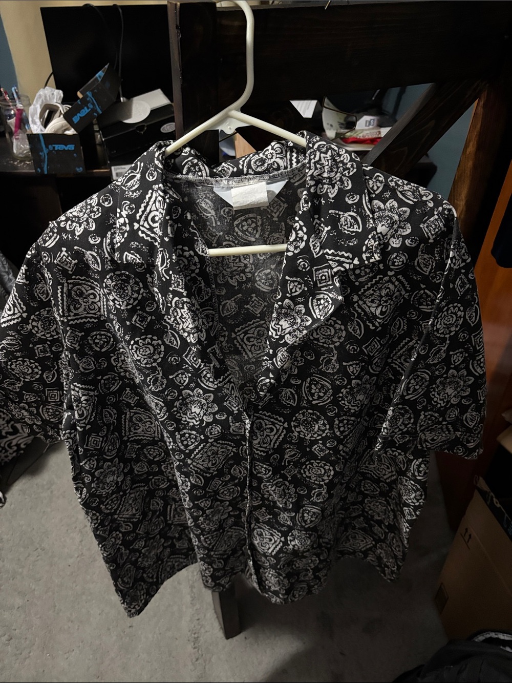 Blair Black and White Paisley-Print Short-Sleeve Button Blouse